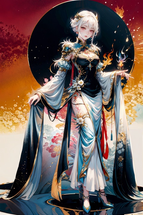 A demon with white hair, eyes resembling blue gemstones, and a fringed haircut. This demon exudes an outgoing and sunny personality. She is dressed in a peculiar, mechanical construct cheongsam gown, predominantly made of gossamer material, with accents that evoke the ambiance of fire element. The cheongsam gown itself is in vibrant Chinese red. Completing her ensemble, she wears a pair of high-heeled shoes.
