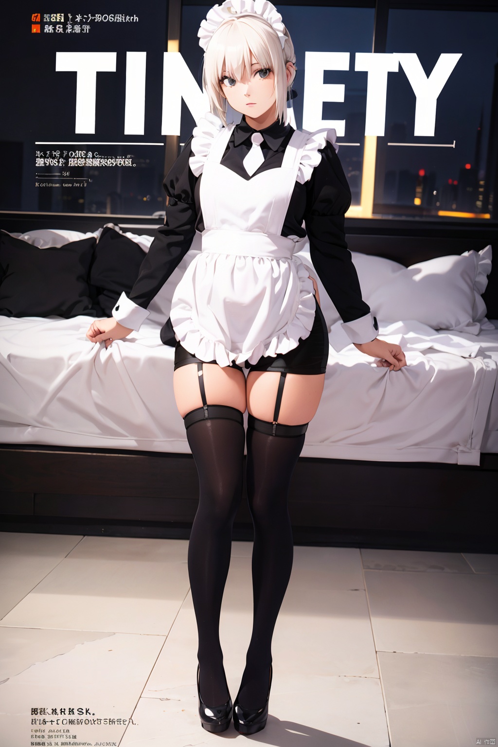  tutututu,apron,long sleeves,maid,maid apron,puffy sleeves,maid headdress,black shorts,black thighhighs,thigh strap,garter straps,,(tutuhd),pantyhose,black miniskirt,black pencil skirt,high heels,(best quality, masterpiece, ultra high resolution),(photorealistic:1.37),(immersive atmosphere, chiaroscuro:1.5,bright light:1.2,luminous lighting),(Magazine cover-style illustration of a fashionable woman),(The text on the cover should be bold and attention-grabbing, with the title of the magazine and a catchy headline. The overall style should be modern and trendy, with a focus on fashion and lifestyle),1girl,cute,slim,(pale skin,shiny skin),(full body),(looks at the viewer),very long hair,top fashion,night,(Floor-to-ceiling windows, city),,,,