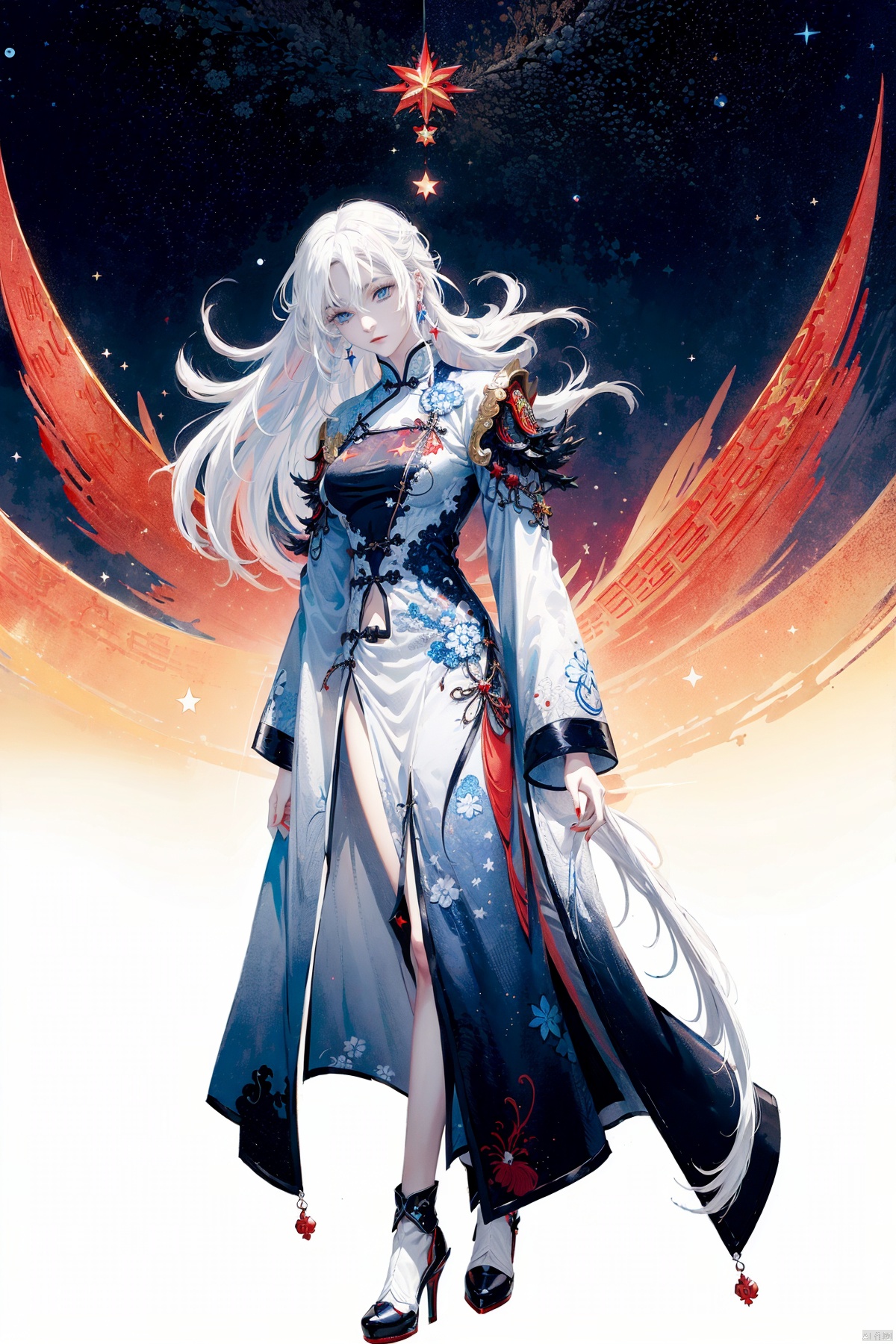  A demon with (white hair:1.5),(blue eyes:1.5) resembling blue gemstones, and a fringed haircut. This demon exudes an outgoing and sunny personality. She is dressed in a peculiar, mechanical construct cheongsam gown, predominantly made of gossamer material, with accents that evoke the ambiance of fire element. The cheongsam gown itself is in vibrant (Chinese red:1.5). Completing her ensemble, she wears a pair of high-heeled shoes.
, Against the backdrop of a night sky, there shines (a bright star:1.5), col