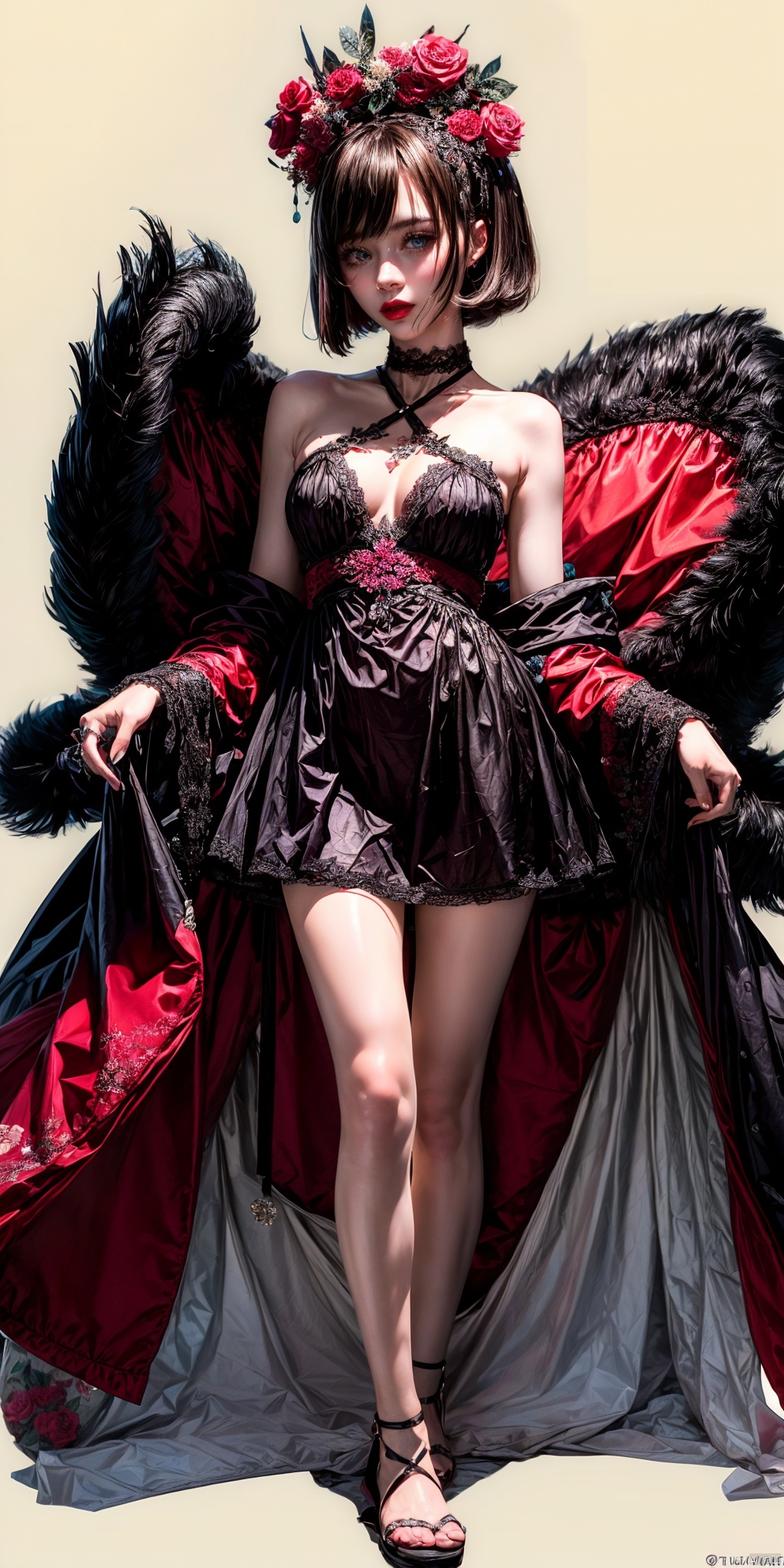  Full body,Create a high-quality artwork with beautiful colors in the style of CursedApple. The image features a solitary girl with her breasts exposed, sporting black hair in a bob cut with a fringe that covers her eyes. She has alluring lips, and the background is kept minimalistic. The artwork focuses on her upper body, showcasing blue eyes, closed red lips, and a criss-cross halter top. She is adorned with a choker and wearing a kimono, with a white background that adds to the realism. The girl has medium-sized breasts and wears makeup. The background has a hint of gray and features a floral print.

neon, and vibrant atmosphere. The entire scene is sleek, ultra-modern, and of exquisite quality. The contrasting highlights of purplish-red and deep purple create a powerful effect, reminiscent of a high-definition, gripping film, with a touch of delicate refinement.
, , tutututu