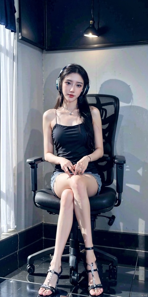  The background is the e-sports room, an e-sports girl, wearing a silver gray hoodie, white hot pants, wearing white headphones, there is an e-sports chair behind, sitting on the e-sports chair, there is a computer in front of it, fantasy, magic, animation, girls, monitors, headphones, game chair, ((gradually changing hair)), mouse, keyboard, host, game mat, white thighs, hair color is red, Flexible hands, delicate and beautiful hands, tapping the keyboard, bare feet, face, picturesque, whole body, the center of the picture, facing the audience, (bare feet, delicate bare feet, white feet), ((poakl)), Light master, Rita, 1girl