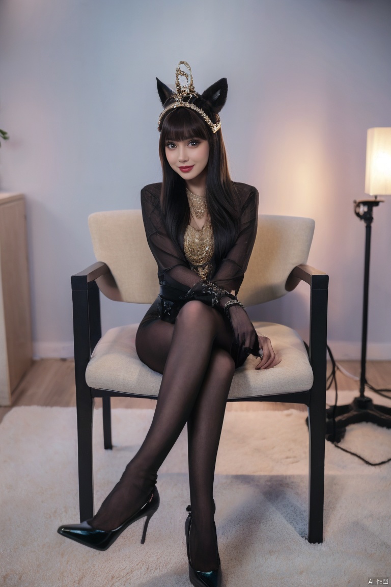 A solitary girl with long black hair and bangs sits on a chair indoors. She is dressed in a captivating black shiny outfit that hugs her figure, adorned with shimmering jewelry like a necklace and bracelets. She wears Egyptian-inspired animal ear headgear, and her black footwear, with high heels, gleams with shine. She gazes directly at the viewer, smiling with parted lips that exude charm. Sitting in stillness, she holds a golden Pharaoh staff in her hand. Surrounding her is a serene atmosphere with dim indoor lighting, creating an air of mystery.tutututu,