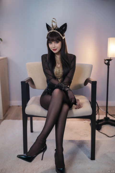 A solitary girl with long black hair and bangs sits on a chair indoors. She is dressed in a captivating black shiny outfit that hugs her figure, adorned with shimmering jewelry like a necklace and bracelets. She wears Egyptian-inspired animal ear headgear, and her black footwear, with high heels, gleams with shine. She gazes directly at the viewer, smiling with parted lips that exude charm. Sitting in stillness, she holds a golden Pharaoh staff in her hand. Surrounding her is a serene atmosphere with dim indoor lighting, creating an air of mystery.tutututu,