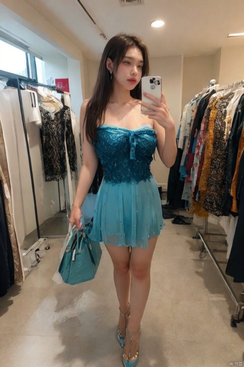  Full body shot,In the soft hues of the lighting, a breathtakingly beautiful 20-year-old female idol captures selfies in a shopping mall, dressed in a jaw-dropping strapless dress and stunning stockings, while wearing a mask. Standing at a close-up angle, she delicately showcases the intricate details of her physique through the lens..EYEGLASS,
, cpdd, tutututu,high heels