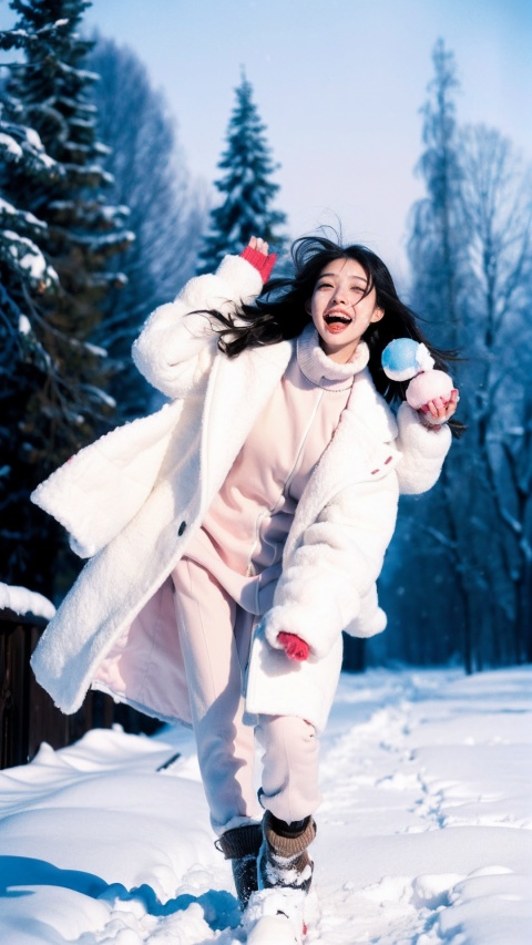  (Masterpiece), (Ultra High Resolution), a girl with long hair are joyfully playing snowball fight in heavy snow. Their faces are filled with happy smiles, and snowflakes are falling on their hair and collars. The surrounding is a vast expanse of white snow, only their footprints disturbing the purity. Snowflakes in the sky fall like cotton candy, adding a touch of sweetness to this winter scene. This is a vibrant and joyful winter afternoon. 
, Fashion Style,jellyfishforest,Film Photography,Film texture