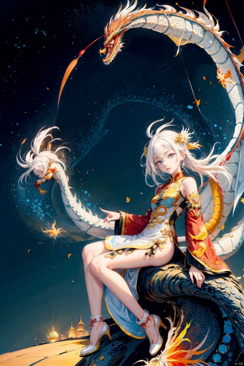 (Little girl:1.5)riding a gigantic (Chinese dragon:1.5), which is covered in shimmering golden scales, soaring through the air. They are tightly embracing a magnificent and colorful (Chinese phoenix:1.5), whose feathers radiate a dazzling light in the sunlight.


A demon with (white hair:1.5),(blue eyes:1.5) resembling blue gemstones, and a fringed haircut. This demon exudes an outgoing and sunny personality. She is dressed in a peculiar, mechanical construct cheongsam gown, predominantly made of gossamer material, with accents that evoke the ambiance of fire element. The cheongsam gown itself is in vibrant Chinese red. Completing her ensemble, she wears a pair of high-heeled shoes.
, col