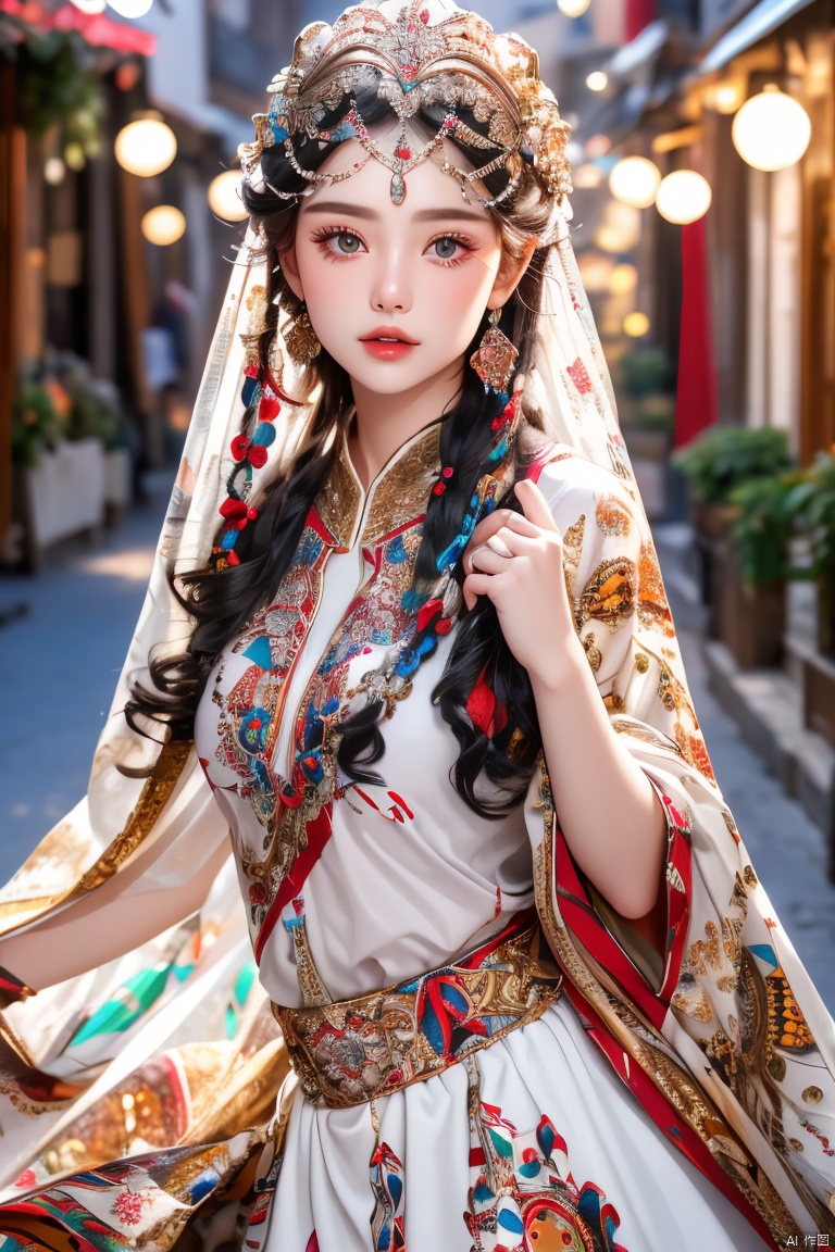  Wide angle lens, masterpiece, top quality, best quality, official art, beauty and aesthetics, bustling streets, festive atmosphere, fireworks, 1 girl, ten thousand family lights, blooming, (Bohemia print top: 1.4), (upper body close-up: 1.2), female focus, detailed portrait photos, looking back,
