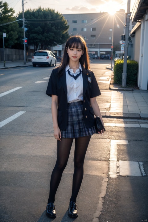  Best quality,masterpiece,ultra high res,raw

photo,detail face,detailed skin, (realistic, photo-

realistic:1.3),dramatic lighting,light on face,Seaside,

1girl,solo,full body,Wrist watch,One hand in

pocket,Dynamic pose ,Standing,fluffy long hair,Navy Hair,outdoors,looking at viewer,smile,bangs, ature female, narrow waist, skinny,open clothes, black pantyhose,black jacket,school uniform,short sleeves,collared shirt,pleated skirt,black

skirt,miniskirt,plaid

skirt,blazer,cardigan,plaid,necktie, high

school, sunset,nature light,lens flare,wind, 1girl