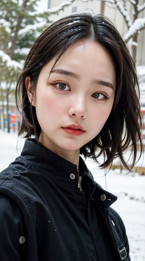 a girl with short hair in a black coat was standing in the snow,look up,the breeze stirred the hair,heavy snow,snowing,,depth of field,telephoto lens,messy hair,((close-up)),((sad)),sad and melancholy atmosphere,reference movie love letter,profile,looking up,(face focus),((floating hair)),bangs,eyes focus,half closed-eyes,central composition,from below,
