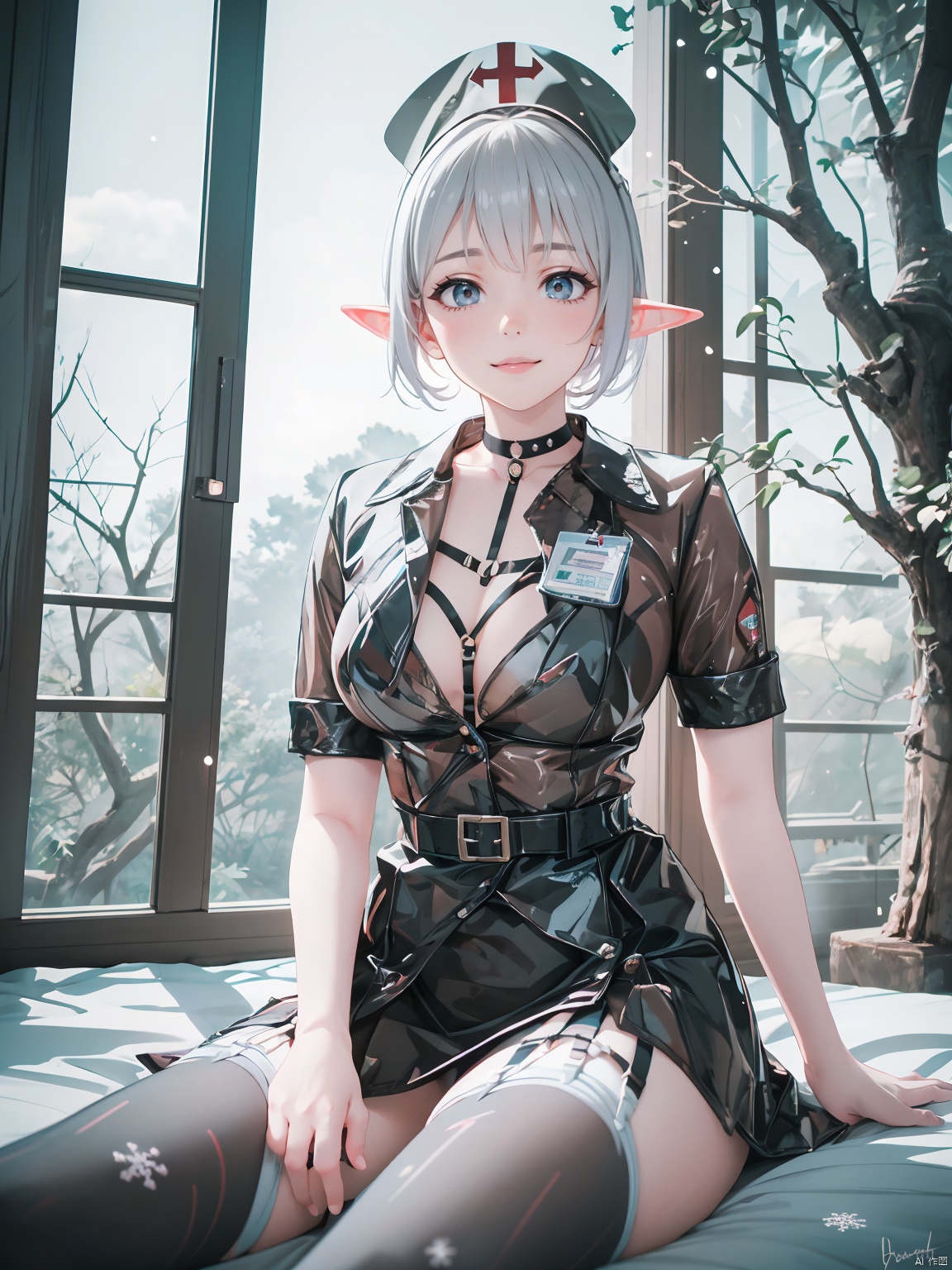  tutututu,bondage,solo,thighhighs,nurse cap,harness,see-through,nurse,choker,garter straps,black choker,garter belt,chest harness,skirt,,era elf,(giant elves sit on the treetops:1.2),(snowflakes:1.4),(blue skin),enchanting beauty,(fantasy),(elf mother tree),(world tree),ethereal glow,pointed ears,delicate facial features,long elegant hair,mystical ambiance,soft lighting,tranquil expression,harmonious with nature,subtle magical elements,serene,dreamlike quality,pastel colors,1person blue_skin,(castle),