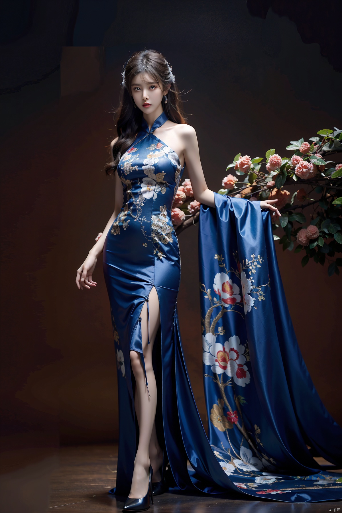  A young model in Chinese dress poses with her arms leisurely, in front of divine light with silhouette light illuminating the edges of the long curly hair, snowflake, solid color red background, Excellent skin texture, gaze deeply, cheerful atmosphere, in the style of eye-catching resin jewelry, matte photo, minimalist beauty, meticulous linework precision, The background is a bustling city,High resolution,8K, neo-chinese style, huayu, 1girl,police,thighhighs, wangyushan,white_dress,high_heels