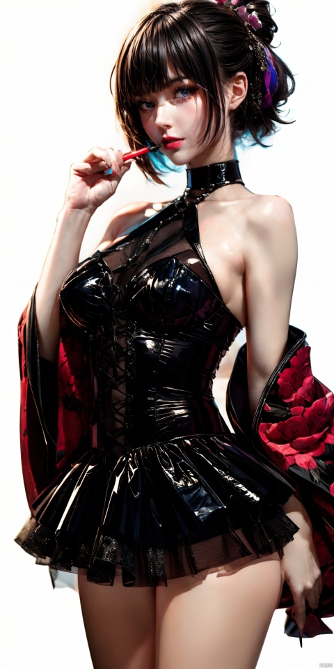  Full body,Create a high-quality artwork with beautiful colors in the style of CursedApple. The image features a solitary girl with her breasts exposed, sporting black hair in a bob cut with a fringe that covers her eyes. She has alluring lips, and the background is kept minimalistic. The artwork focuses on her upper body, showcasing blue eyes, closed red lips, and a criss-cross halter top. She is adorned with a choker and wearing a kimono, with a white background that adds to the realism. The girl has medium-sized breasts and wears makeup. The background has a hint of gray and features a floral print.

neon, and vibrant atmosphere. The entire scene is sleek, ultra-modern, and of exquisite quality. The contrasting highlights of purplish-red and deep purple create a powerful effect, reminiscent of a high-definition, gripping film, with a touch of delicate refinement.
, tutututu