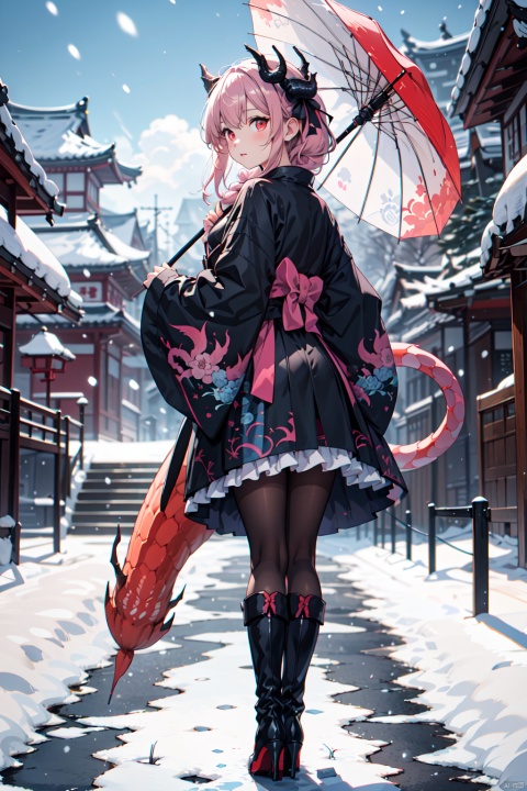  -dragon girl, 1girl, oil-paper umbrella, solo, umbrella, dragon tail, long hair, horns, tail, pink hair, braid, boots, dragon girl, dragon horns, looking at viewer, snow, architecture, standing, looking back, east asian architecture, ribbon, japanese clothes, outdoors, wide sleeves, red eyes, long sleeves, black footwear, full body, scales, bangs, high heels, high heel boots, hair ribbon, holding umbrella, from behind, skirt, black ribbon, stairs, snowing, backlight, colors, white pantyhose, Light master