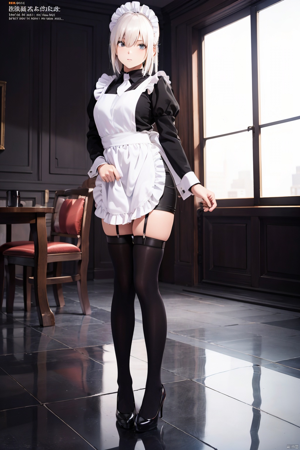 tutututu,apron,long sleeves,maid,maid apron,puffy sleeves,maid headdress,black shorts,black thighhighs,thigh strap,garter straps,,(tutuhd),pantyhose,black miniskirt,black pencil skirt,high heels,(best quality, masterpiece, ultra high resolution),(photorealistic:1.37),(immersive atmosphere, chiaroscuro:1.5,bright light:1.2,luminous lighting),(Magazine cover-style illustration of a fashionable woman),(The text on the cover should be bold and attention-grabbing, with the title of the magazine and a catchy headline. The overall style should be modern and trendy, with a focus on fashion and lifestyle),1girl,cute,slim,(pale skin,shiny skin),(full body),(looks at the viewer),very long hair,top fashion,night,(Floor-to-ceiling windows, city),,,,