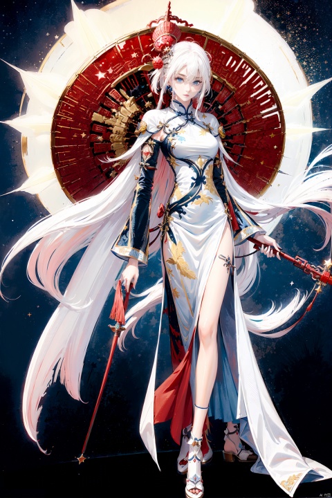  A demon with (white hair:1.5),(blue eyes:1.5) resembling blue gemstones, and a fringed haircut. This demon exudes an outgoing and sunny personality. She is dressed in a peculiar, mechanical construct cheongsam gown, predominantly made of gossamer material, with accents that evoke the ambiance of fire element. The cheongsam gown itself is in vibrant (Chinese red:1.5). Completing her ensemble, she wears a pair of high-heeled shoes.
, Against the backdrop of a night sky, there shines (a bright star:1.5), col