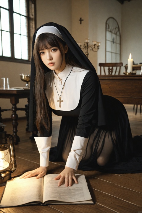  masterpiece,Realism,best quality,1girl, solo, book, nun, white thighhighs, thighhighs, cross, indoors, necklace, looking at viewer, long hair, habit, realistic, jewelry, long sleeves, black hair, lips, nose, all fours, dress, lantern, cross necklace, veil, blurry, table, breasts, closed mouth, pantyhose, brown hair, black eyes, brown eyes, black dress, blunt bangs, arm support, paper, white pantyhose, wooden floor, lamp, window, on floor, medium breasts, blurry background, see-through, thighband pantyhose