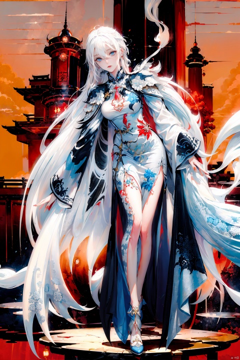  A demon with (white hair:1.5),(blue eyes:1.5) resembling blue gemstones, and a fringed haircut. This demon exudes an outgoing and sunny personality. She is dressed in a peculiar, mechanical construct cheongsam gown, predominantly made of gossamer material, with accents that evoke the ambiance of fire element. The cheongsam gown itself is in vibrant Chinese red. Completing her ensemble, she wears a pair of high-heeled shoes.
, col