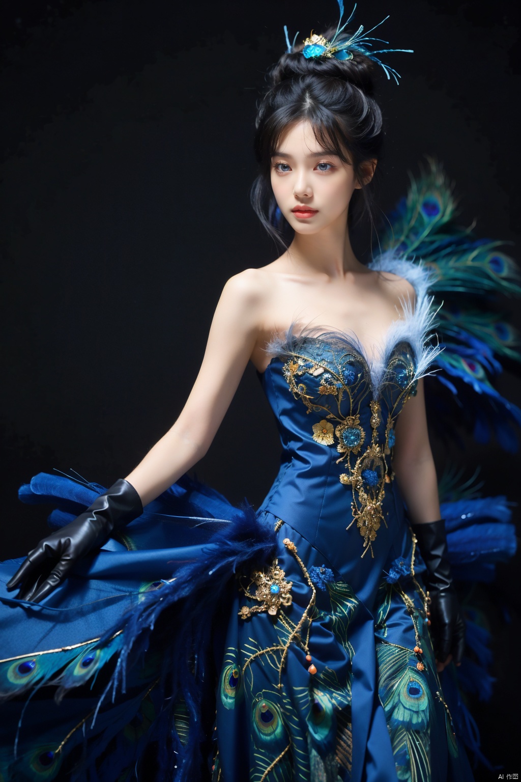  Peacock, 1 girl, solo, dress, gloves, feather dress, look at the audience, hair accessories, elbow gloves, Blue Eyes, cowboy shoot, standing, Hair Bun, bare shoulders, dress, hair bun, black gloves, flowers, Bangs, gray hair, shut up, black background, simple background,1 girl,yuzu