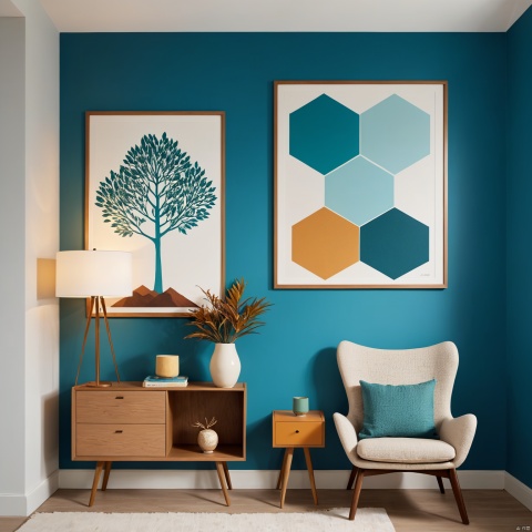  teal wall, modern furniture, Scandinavian interior design, hexagonal art prints, nature illustrations, deer, trees, mountains, sun, gradient, color blocking, minimalistic style, indoor plant, ceramic vase, floor lamp, angled legs, wood grain texture, mid-century modern, bookshelf styling, framed artwork,惊艳的电脑