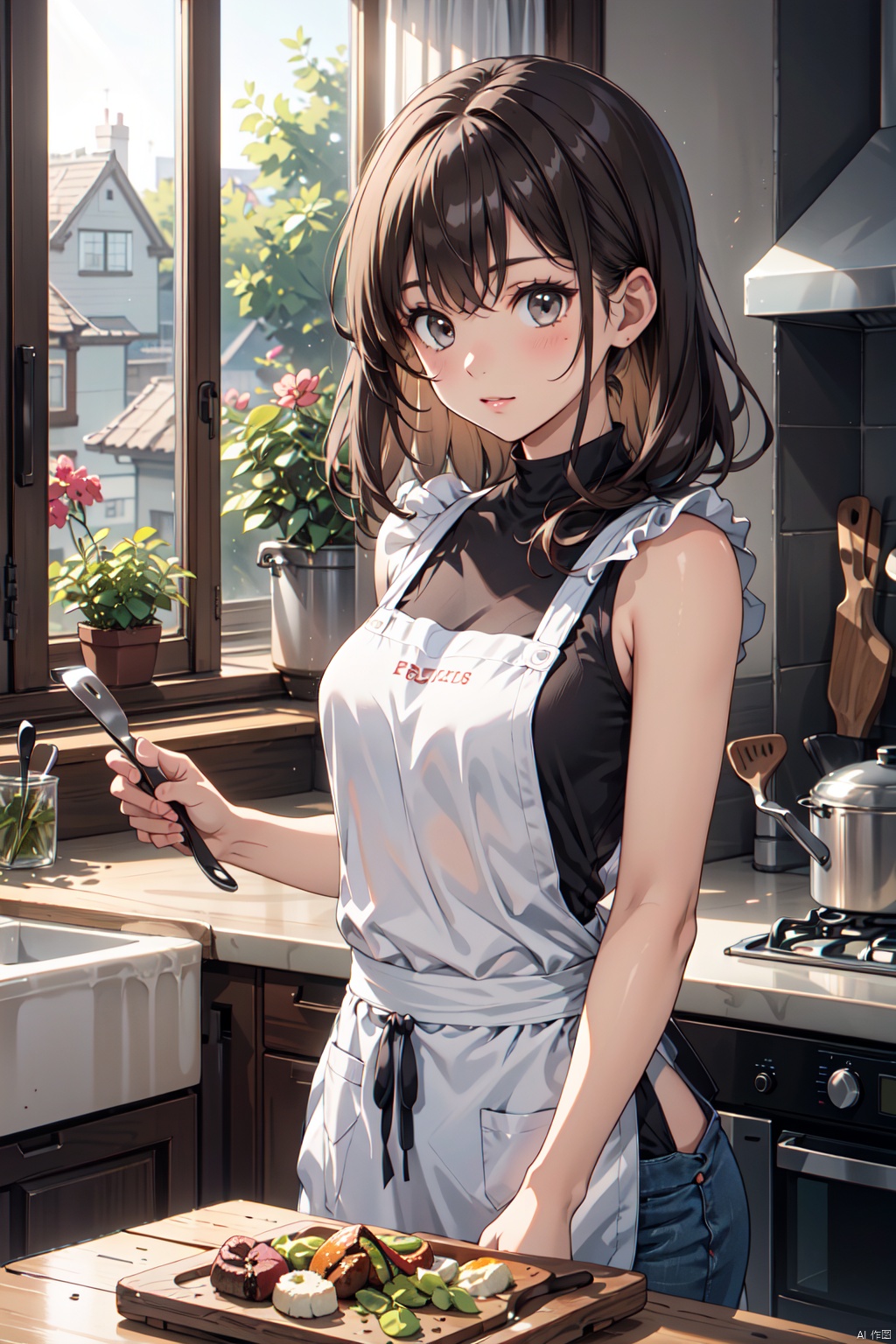 A solo girl with brown hair, bare shoulders, stands in an indoor kitchen, wearing a sleeveless top and pants, adorned in an apron. She holds a spatula in her hand as she stirs food on the stove. Sunlight streams in through the window, illuminating the kitchen filled with plants and floral decorations. A bowl and a cutting board can be seen on the table.