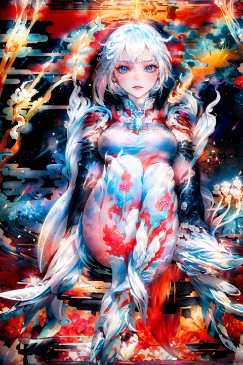  A demon with (white hair:1.5),(blue eyes:1.5) resembling blue gemstones, and a fringed haircut. This demon exudes an outgoing and sunny personality. She is dressed in a peculiar, mechanical construct cheongsam gown, predominantly made of gossamer material, with accents that evoke the ambiance of fire element. The cheongsam gown itself is in vibrant Chinese red. Completing her ensemble, she wears a pair of high-heeled shoes.
, col