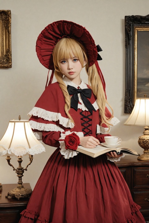  masterpiece,Realism,best quality,loli,1girl,blonde hair,shinku,dress,book,blue eyes,solo,bonnet,bow,holding,flower,lamp,rose,looking at viewer,long hair,red dress,black bow,frills,bowtie,realistic,long sleeves,indoors,frilled dress,cup,lips,lolita fashion,red headwear,capelet,lace trim,twintails,holding book,black bowtie,teacup,open book,lace,red flower,picture frame,standing,closed mouth,hat,painting (object),red rose,lace-trimmed sleeves,blunt bangs,nose,ribbon,head tilt,desk lamp,