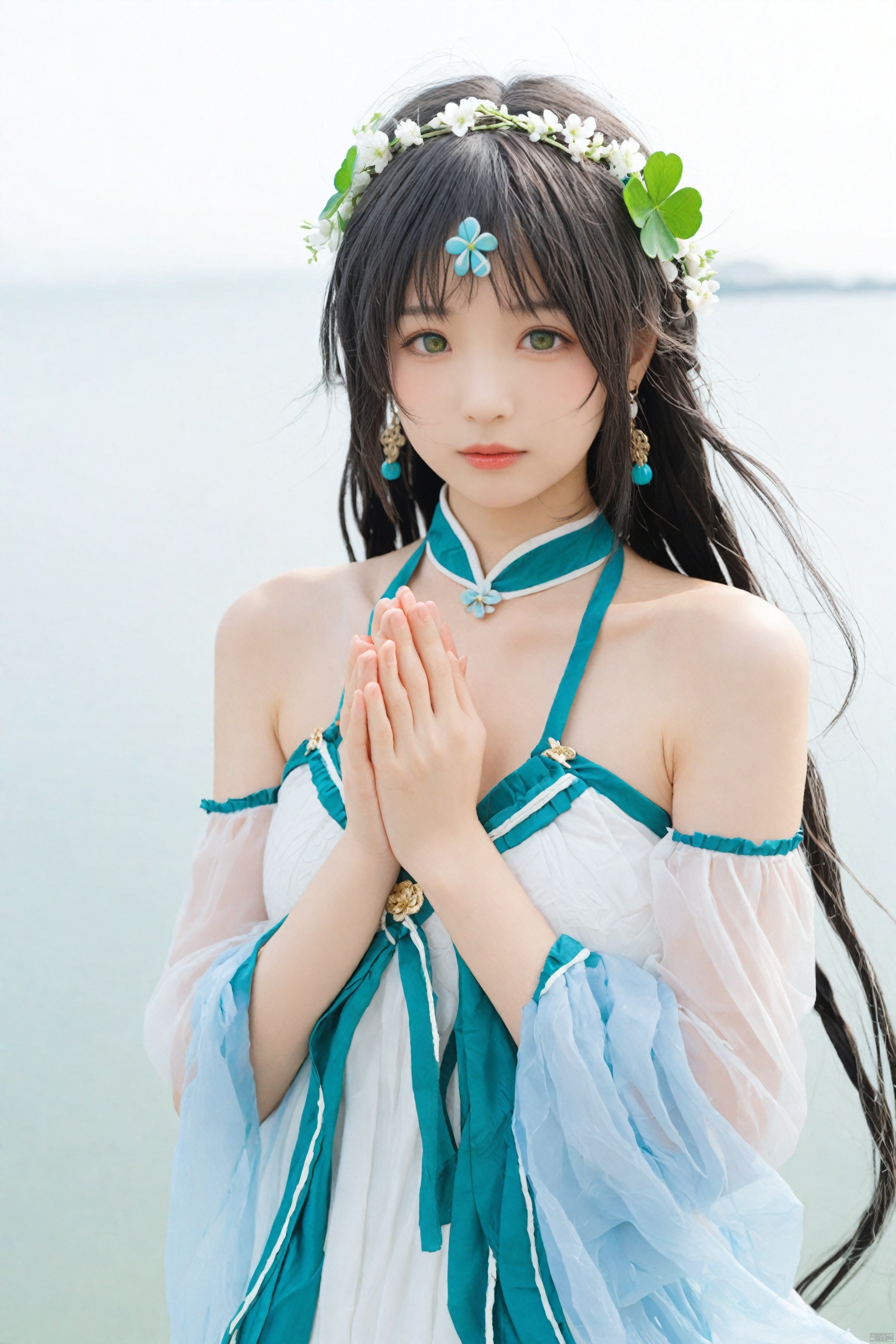  masterpiece,Realism,best quality,loli,1girl,Luo Tianyi (Vocaloid), clover, solo, long hair, green eyes, four-leaf clover, dress, flower, own hands together, looking at viewer, water, hair ornament, parted lips, very long hair, bangs, earrings, white background, jewelry, bare shoulders, upper body, white dress, hair flower, ribbon, simple background, hands up, blush