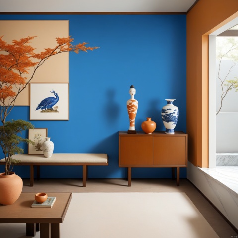 The living room features deep orange walls and vintage furniture in a Chinese-style interior design, with blue and white porcelain art prints on the wall showcasing natural illustrations of animals, forests, mountains, and sunlight. The space incorporates gradient and color blocking, crafted in a minimalistic style. An indoor plant is placed with a ceramic vase that has a marble texture, and the table lamp is elegantly shaped. The decor blends Chinese classical with retro European and American styles.