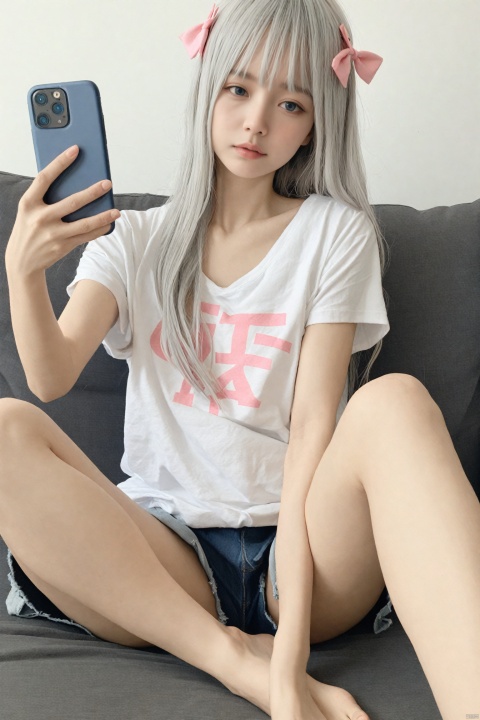  masterpiece,Realism,best quality, 1girl, izumi sagiri, solo, realistic, phone, long hair, cellphone, bow, sitting, smartphone, hair bow, shirt, holding phone, grey hair, blue eyes, holding, barefoot, selfie, crossed legs, lips, off shoulder, clothes writing, pink bow, t-shirt, white shirt, indoors, bare legs, legs, looking at phone, short sleeves, shorts, photorealistic, white hair, thighs, nose