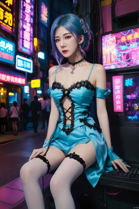  (masterpiece, top quality, best quality, official art, beautiful and aesthetic:1.2), (1girl:1.4), full body, ([pink|blue] hair), extreme detailed,(fractal art:1.3),colorful,highest detailed,((Mechanical modification)),(modification), Maiden, Half-sitting, A complex mechanical conduit is inserted into the back,catheter, neon background, neon city,night, gothic_lolita, high heels, hubg_beauty_girl, hubg_jsnh, cpdd