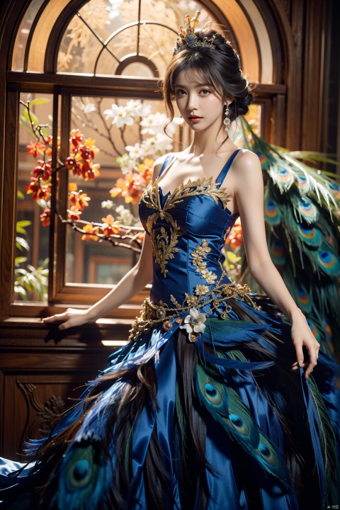  A beautiful peacock princess, she is showing her elegance and charm in an indoor photography. She is wearing a gorgeous dress decorated with peacock feathers, a golden crown on her head, a smile on her face, and her eyes are shining with wisdom. Behind her is a large window, outside the window is a flowery garden, and the sunlight shines through the window and adds a touch of mystery and nobility to her. High quality photo, intricate details, sharp focus, dramatic lighting, trending on artstation, trending on CGSociety, photorealistic painting art by Greg Rutkowski and Midjourney.