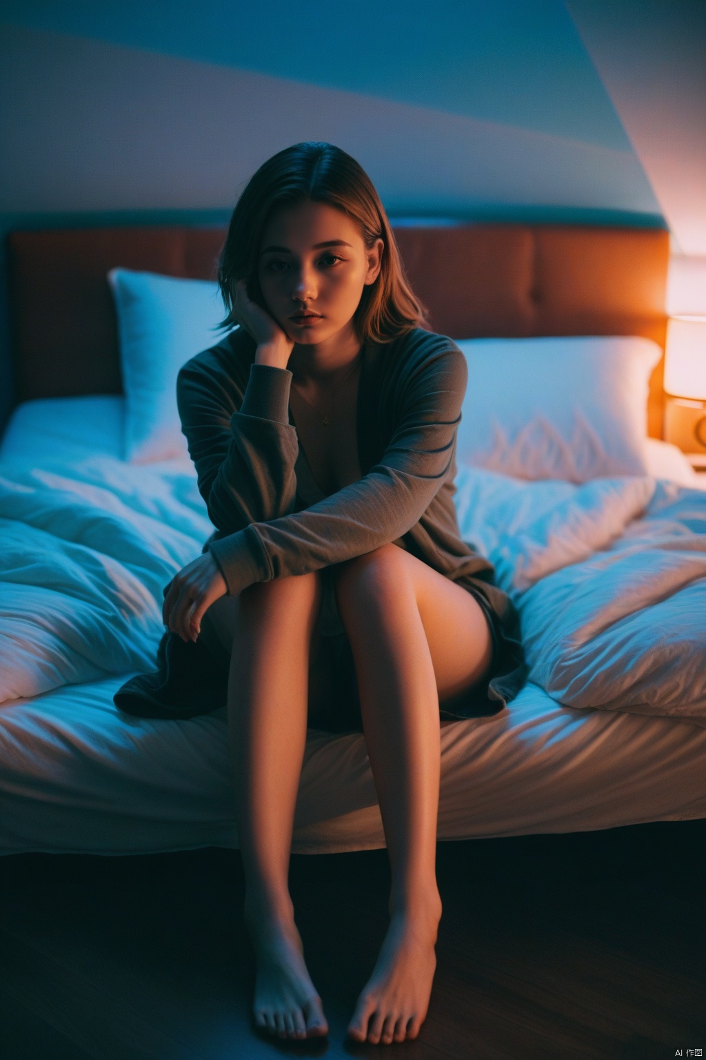  1girl,1 girl,sit,crossing leg bed detailed,dark,rim light,(lofi, analog, ) by Brandon Woelfel,