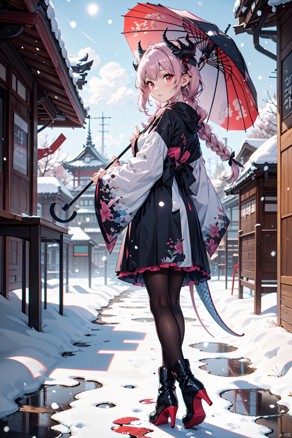  -dragon girl, 1girl, oil-paper umbrella, solo, umbrella, dragon tail, long hair, horns, tail, pink hair, braid, boots, dragon girl, dragon horns, looking at viewer, snow, architecture, standing, looking back, east asian architecture, ribbon, japanese clothes, outdoors, wide sleeves, red eyes, long sleeves, black footwear, full body, scales, bangs, high heels, high heel boots, hair ribbon, holding umbrella, from behind, skirt, black ribbon, stairs, snowing, backlight, colors, white pantyhose, Light master