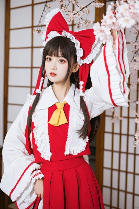 masterpiece,Realism,best quality,loli,1girl,hakurei reimu,bow,solo,hair bow,hair tubes,red bow,ascot,red skirt,detached sleeves,frills,hand on own hip,skirt,long hair,realistic,wide sleeves,brown hair,yellow ascot,blurry,frilled bow,frilled shirt collar,ribbon-trimmed sleeves,red lips,cherry blossoms,ribbon trim,shirt,lips,sidelocks,skirt set,parted lips,looking at viewer,makeup,sliding doors,red shirt,depth of field,hand up,indoors,red vest,brown eyes,sleeveless shirt,lipstick,blurry foreground,arm up,ponytail,flower,black hair,sleeveless,black eyes,dutch angle,long sleeves,ribbon,parody,cowboy shot,vest,