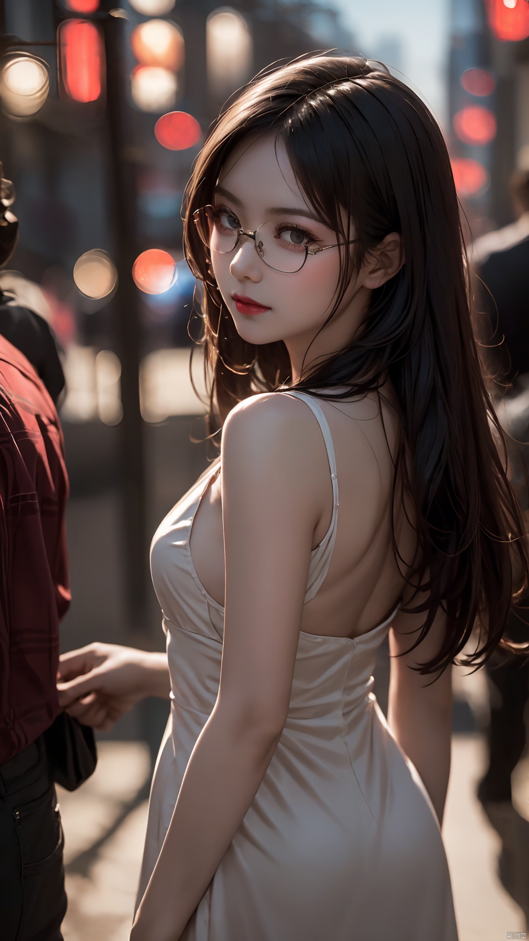  Eyeglasses,In the midst of a crowd, we are presented with a high-quality image. There stands a beautiful 20-year-old idol girl named Han Meimei (0.1), with her brown straight hair, dressed in a fashionable dress and high heels. Her make-up is flawless as she stands on an outdoor street. Surrounding her is a serene and natural road, allowing her skin and facial details to be clearly visible. Her complexion is delicate and her features are refined, creating a soft and gentle color palette for the entire scene.
neon, and vibrant atmosphere. The entire scene is sleek, ultra-modern, and of exquisite quality. The contrasting highlights of purplish-red and deep purple create a powerful effect, reminiscent of a high-definition, gripping film, with a touch of delicate refinement, cpdd, 1girl,eyeglasses, , tutult