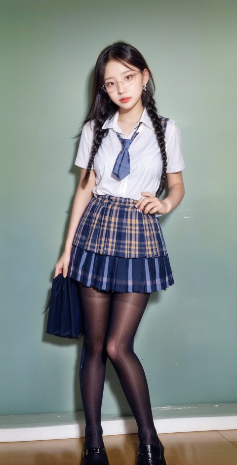  1 girl,moyou,(younger schoolgirl::2),see-through bang,looking at viewer,thin body,best quality,ultra detailed,glossy skin,contrappostomodel,floating hair,illustration,Lipstick,white thighhighs,(nude pussy:1),full body,high heel,glasses,longhair, necklace, earrings, braid, black pantyhose,1girl,white walls, tutututu