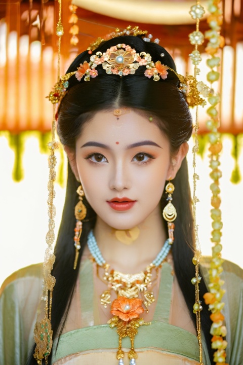 ((bit tit:1.5)) cinematic photo 1girl wearing a gorgeous (gradient:1.2) light orange and light green Hanfu skirt walks in an palace with a light smile on her face,many cross braided lines are decorated with extremely complex and detailed flower traditional patterns of bright rococo themes,graceful buns,a string of pearl necklaces and tassel earrings look more noble,a red point tattoo engraved in the center of the forehead,detailed eyes,detailed lips,detailed mouth,detailed nose,detailed hair,detaile eyebrow,. 35mm photograph,film,bokeh,professional,4k,highly detailed,