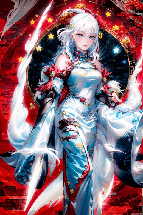  A demon with (white hair:1.5),(blue eyes:1.5) resembling blue gemstones, and a fringed haircut. This demon exudes an outgoing and sunny personality. She is dressed in a peculiar, mechanical construct cheongsam gown, predominantly made of gossamer material, with accents that evoke the ambiance of fire element. The cheongsam gown itself is in vibrant (Chinese red:1.5). Completing her ensemble, she wears a pair of high-heeled shoes.
, Against the backdrop of a night sky, there shines (a bright star:1.5)