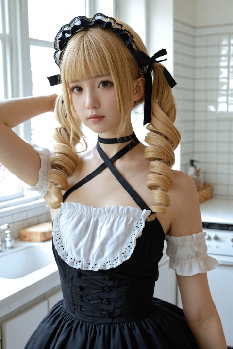  masterpiece,Realism,best quality,loli,1girl,solo,blonde hair,realistic,indoors,drill hair,kitchen,frills,hair ornament,black dress,dress,bare shoulders,x hair ornament,apron,blurry,hairband,sink,looking at viewer,detached sleeves,maid headdress,maid,halterneck,lolita hairband,hairclip,twintails,blunt bangs,brown eyes,gothic lolita,twin drills,ribbon,black ribbon,window,marie rose,photorealistic,bathroom,choker,lolita fashion,blurry background,arm up,collarbone,hair ribbon,lips,white apron,closed mouth,scrunchie,long hair,tiles,upper body,frilled dress,criss-cross halter,frilled sleeves,tile wall,frilled hairband,short sleeves,depth of field,nail polish,medium hair,