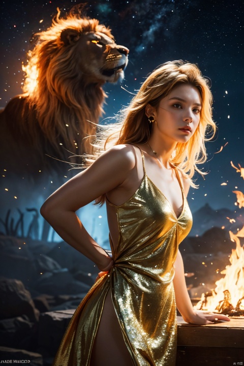  (1 girl), (wearing a gold embroidered dress), with long white hair, standing next to a flame lion. The lion is covered in flames, and the background is starry sky. The girl's gaze is firm, while the lion's gaze is wild and loyal. The entire scene is full of mystery and adventure. A girl with a fiery lion, night sky, stars, courage, determination, mythological creatures, fantasy, adventure, courage, loyalty, grandeur, magic, mystery, beauty (complex details, high resolution), clear focus, dramatic lighting, photo realistic art by Greg Rutkowski, Alphonse Mucha, and Frank Frazetta., cpdd