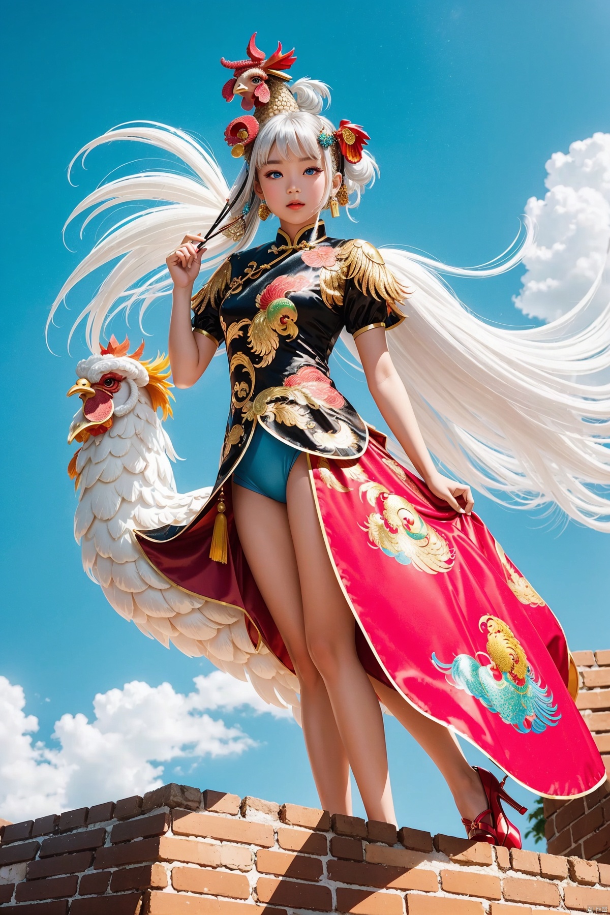 (Little girl:1.5)riding a gigantic (Chinese soil wall:1.5), which is covered in shimmering golden scales, soaring through the air. They are tightly embracing a magnificent and colorful (Chinese rooster:1.5), whose feathers radiate a dazzling light in the sunlight.


A demon with (white hair:1.5),(blue eyes:1.5) resembling blue gemstones, and a fringed haircut. This demon exudes an outgoing and sunny personality. She is dressed in a peculiar, mechanical construct cheongsam gown, predominantly made of gossamer material, with accents that evoke the ambiance of fire element. The cheongsam gown itself is in vibrant Chinese red. Completing her ensemble, she wears a pair of high-heeled shoes.
, col