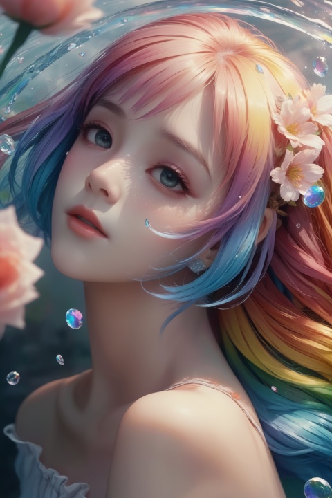  8k Wallpaper,grand,(((masterpiece))), (((best quality))), ((ultra-detailed)), (illustration), ((an extremely delicate and beautiful)),dynamic angle,rainbow hair,detailed cute anime face,((loli)),(((masterpiece))),an extremely delicate and beautiful girl,flower,cry,water,corrugated,flowers tire,broken glass,(broken screen),atlantis,transparent glass