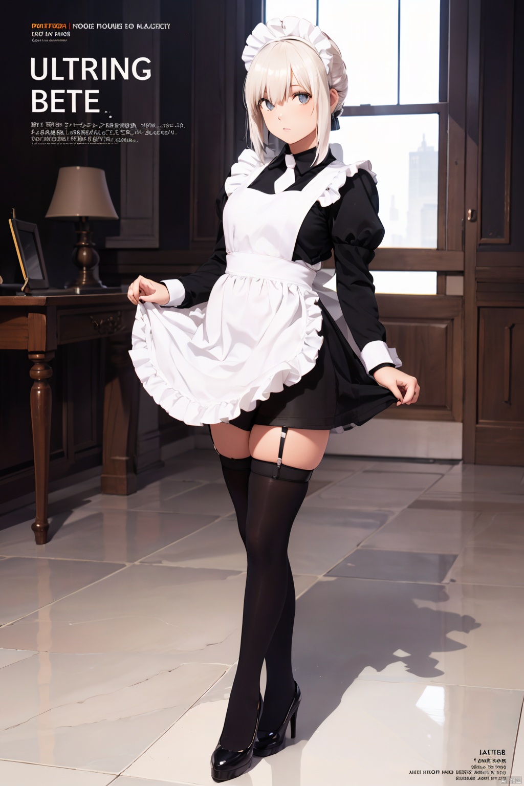  tutututu,apron,long sleeves,maid,maid apron,puffy sleeves,maid headdress,black shorts,black thighhighs,thigh strap,garter straps,,(tutuhd),pantyhose,black miniskirt,black pencil skirt,high heels,(best quality, masterpiece, ultra high resolution),(photorealistic:1.37),(immersive atmosphere, chiaroscuro:1.5,bright light:1.2,luminous lighting),(Magazine cover-style illustration of a fashionable woman),(The text on the cover should be bold and attention-grabbing, with the title of the magazine and a catchy headline. The overall style should be modern and trendy, with a focus on fashion and lifestyle),1girl,cute,slim,(pale skin,shiny skin),(full body),(looks at the viewer),very long hair,top fashion,night,(Floor-to-ceiling windows, city),,,,