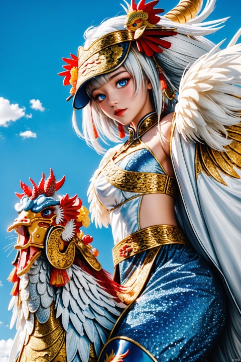 (Little girl:1.5)riding a gigantic (Chinese dragon:1.5), which is covered in shimmering golden scales, soaring through the air. They are tightly embracing a magnificent and colorful (Chinese rooster:1.5), whose feathers radiate a dazzling light in the sunlight.


A demon with (white hair:1.5),(blue eyes:1.5) resembling blue gemstones, and a fringed haircut. This demon exudes an outgoing and sunny personality. She is dressed in a peculiar, mechanical construct cheongsam gown, predominantly made of gossamer material, with accents that evoke the ambiance of fire element. The cheongsam gown itself is in vibrant Chinese red. Completing her ensemble, she wears a pair of high-heeled shoes.
, col