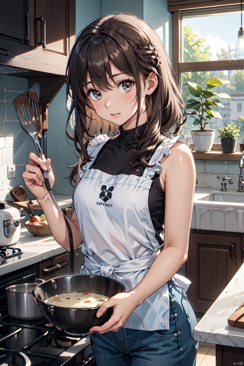 A solo girl with brown hair, bare shoulders, stands in an indoor kitchen, wearing a sleeveless top and pants, adorned in an apron. She holds a spatula in her hand as she stirs food on the stove. Sunlight streams in through the window, illuminating the kitchen filled with plants and floral decorations. A bowl and a cutting board can be seen on the table.