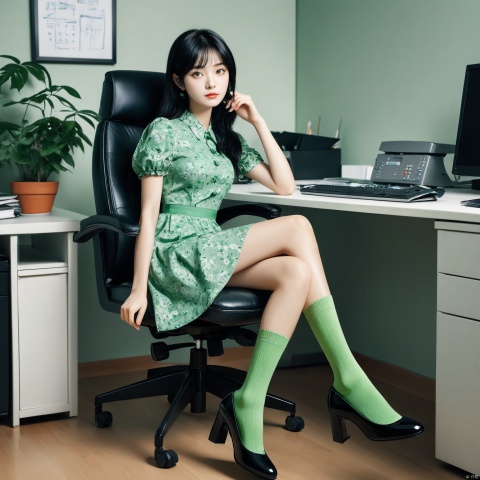  Masterpiece, best quality, stunning details, 1 girl, black hair, green floral dress, green socks, black shoes, legs crossed, office chair, (back camera),