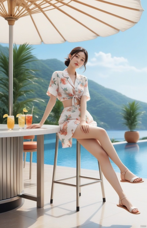  (((masterpiece))), best quality,realistic,(best quality), {{masterpiece}}, {highres}, original, extremely detailed 8K wallpaper), (full body:1.2), a female portrait, summer clothing, dynamic postures, (sit in a poolside bar:1.2), (from a distance:1.2), (wide view:1.2), sharp line art, simple white background, flat, nijistyle, high_contrast, bianpingshouhui, it says "girl power"