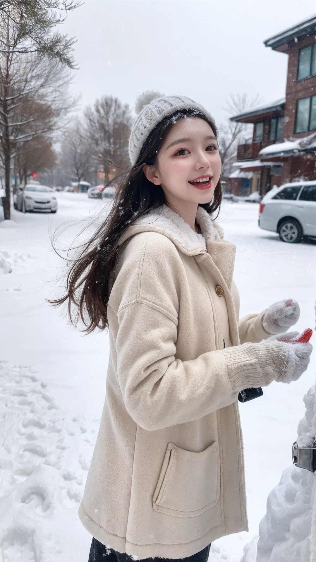  (Masterpiece), (Ultra High Resolution), a girl with long hair are joyfully playing snowball fight in heavy snow. Their faces are filled with happy smiles, and snowflakes are falling on their hair and collars. The surrounding is a vast expanse of white snow, only their footprints disturbing the purity. Snowflakes in the sky fall like cotton candy, adding a touch of sweetness to this winter scene. This is a vibrant and joyful winter afternoon. 
, Fashion Style,jellyfishforest,Film Photography,Film texture