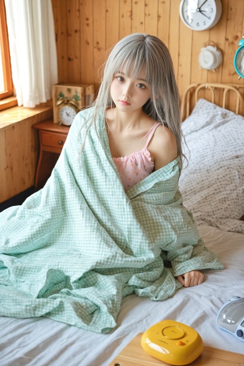  masterpiece,best quality,illustration,ultra detailed,hdr,Depth of field,(colorful),loli,1girl,clock,solo,alarm clock,under covers,green eyes,bed,long hair,pillow,indoors,sunlight,curtains,pajamas,grey hair,blanket,window,collarbone,bangs,