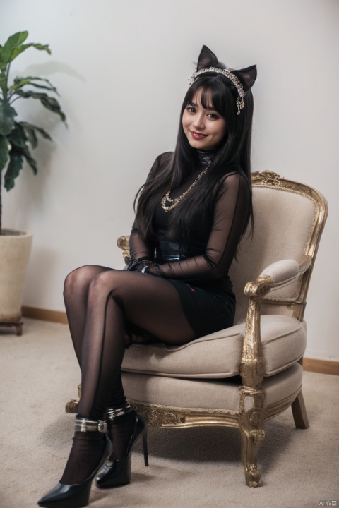 A solitary girl with long black hair and bangs sits on a chair indoors. She is dressed in a captivating black shiny outfit that hugs her figure, adorned with shimmering jewelry like a necklace and bracelets. She wears Egyptian-inspired animal ear headgear, and her black footwear, with high heels, gleams with shine. She gazes directly at the viewer, smiling with parted lips that exude charm. Sitting in stillness, she holds a golden Pharaoh staff in her hand. Surrounding her is a serene atmosphere with dim indoor lighting, creating an air of mystery.tutututu,